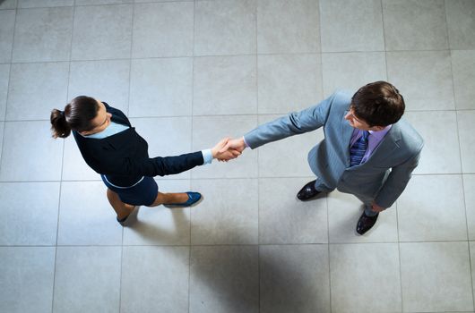 Business woman and businessman shaking hands, reach agreement