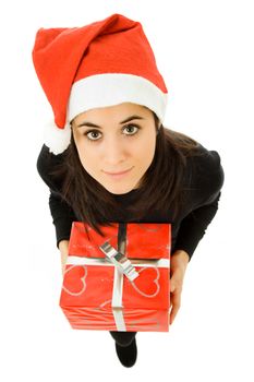 beautiful young girl holding a christmas gift, isolated