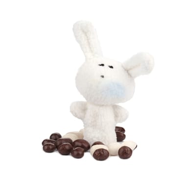 Easter rabbit and chocolate bonbons. Isolated on a white background.