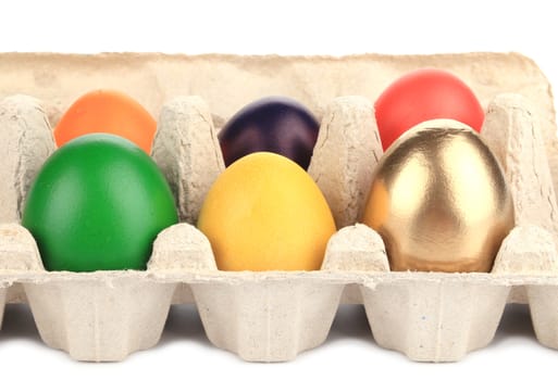 Colorful Easter Eggs in box. Whole background.