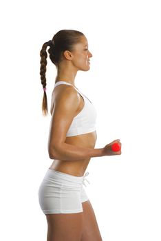 image of a young attractive sporty woman with red dumbbell