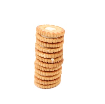 Stake of biscuit sandwich. Close up. Isolated on a white background.