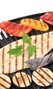 Grilled fillet of pangasius. Close up. Whole background.