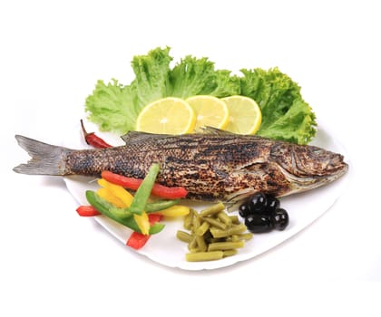 Grilled seabass on plate. Isolated on a white background.