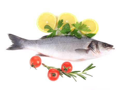 Fresh seabass fish with lemon. Isolated on a white background.