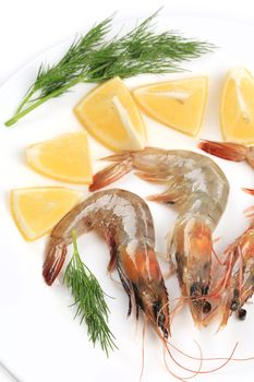 Raw shrimps on plate with lemon and dill. Whole background.