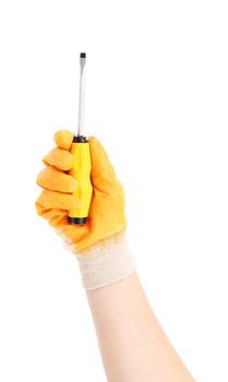 Hand in glove holding screwdriver. Isolated on a white background.