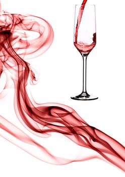 Composition of red smoke and champagne. Isolated on a white background.