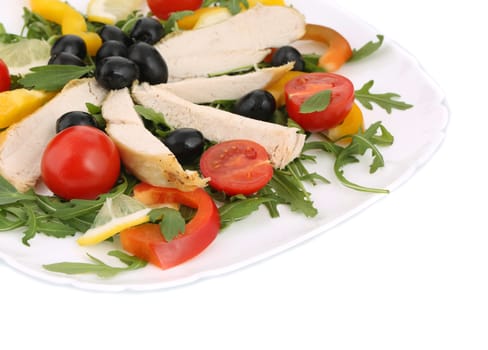 Fresh tasty chicken salad. Close up. Whole background.