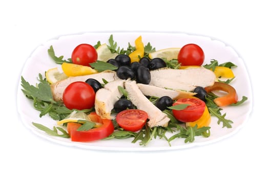 Fresh tasty chicken salad. Isolated on a white background.