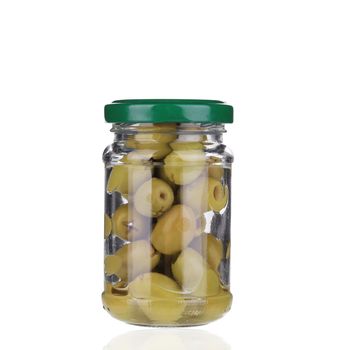 Green olives in a jar. Isolated on a white background.