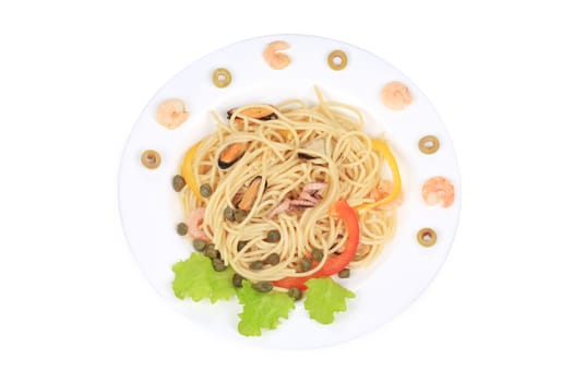 Sea salad with spaghetti. Isolated on a white background.
