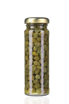 Capers vegetables canned preserved. Isolated on a white background.