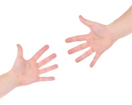 Two hand reaching each other. Isolated on a white background.