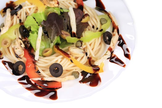 Seafood salad with spaghetti. Close up. Whole background.