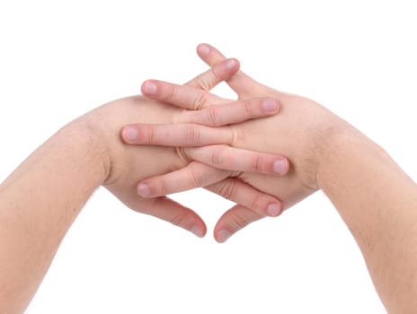 Fingers crossed in hand. Isolated on a white background.