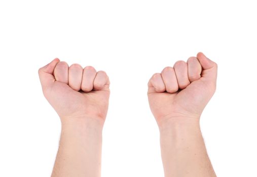 Man hands in fist. Isolated on a white background.