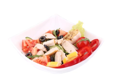 Chicken salad close up. Isolated on a white background.