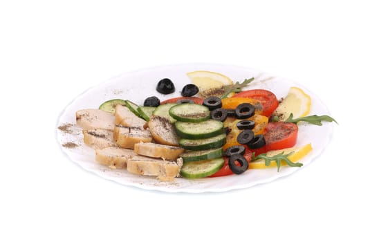 Chicken salad with vegetables and spices. Isolated on a white background.