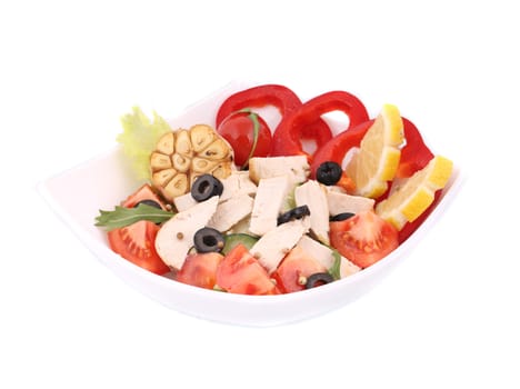 Chicken salad close up. Isolated on a white background.
