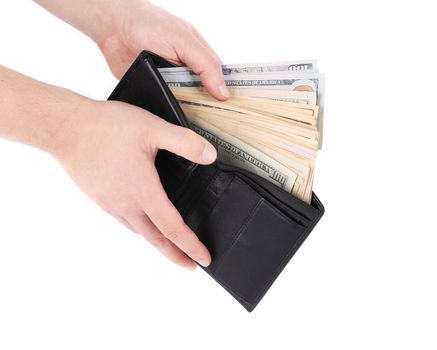 Purse with dollar bills in hands. Isolated on a white background.