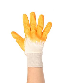 Hand in rubber glove shows five. Isolated on a white background.