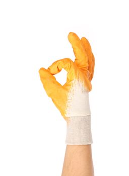Hand in rubber glove with sign ok. Isolated on a white background.