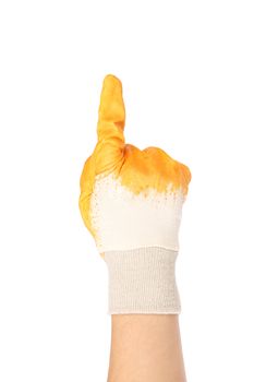 Hand in rubber glove shows one. Isolated on a white background.