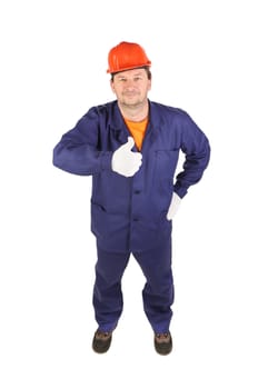 Worker in blue uniform showing thumbs up.. Isolated on a white background.