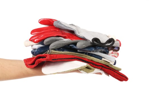 Rubber gloves in stack on a hand. Isolated on a white background.