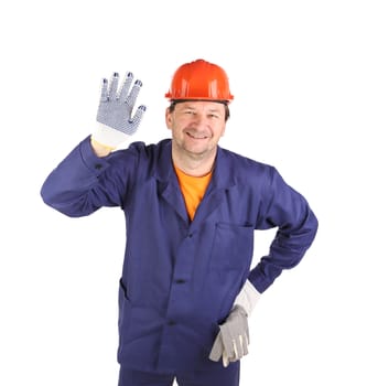 Worker in blue uniform giving five. Isolated on a white background.