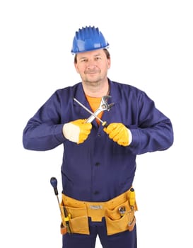 Worker in hard hat with screwdriver. Isolated on a white background.