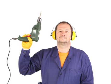 Worker standing with green drill.  Isolated on a white background.