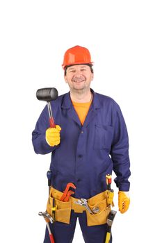 Smiling worker with tools. Isolated on a white background.