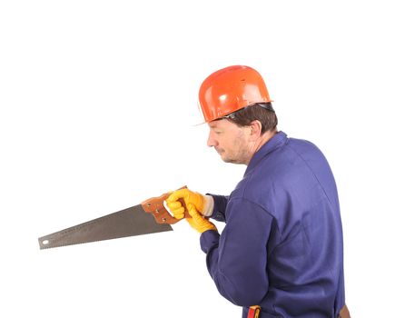 Worker with hand saw. Isolated on a white background.