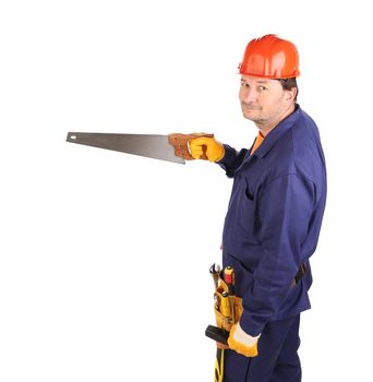 Worker with hand saw. Isolated on a white background.
