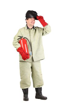 Welder with extinguisher. Isolated on a white background.