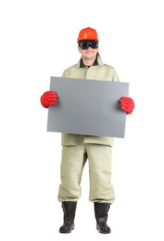 Welder in hard hat with paper. Isolated on a white background.