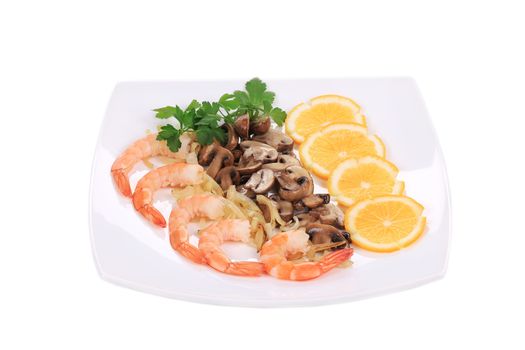 Shrimp salad with mushrooms. Isolated on a white background.