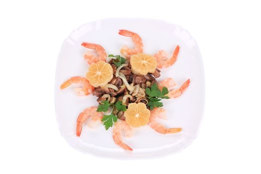 Shrimp salad with mushrooms. Isolated on a white background.
