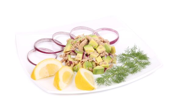 Avocado salad with tuna. Isolated on a white background.