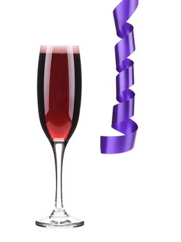 Purple ribbon and champagne glass. Isolated on a white background.
