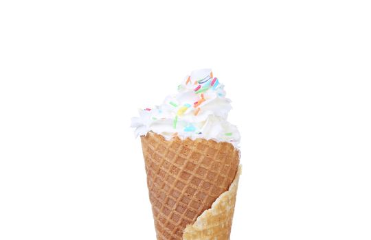 Vanilla ice cream in corn with prinkles. Isolated on a white background.