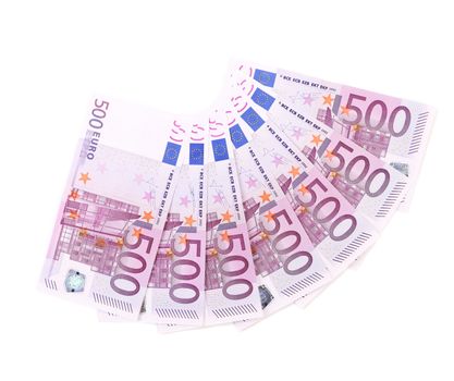 Banknotes on 500 euros laid out by a fan. Isolated on a white background.