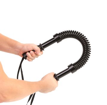 Hands bends steel expander. Isolated on a white background.