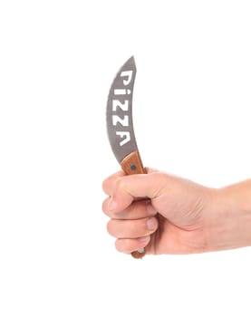 Hand holds pizza's knife. Isolated on a white background.