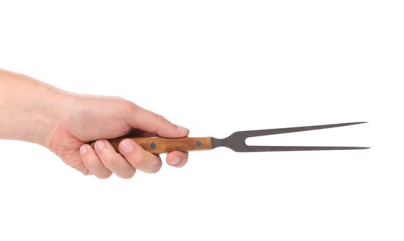 Cheese fork in hand. Isolated on a white background.