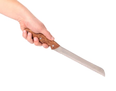 Hand holds knife for bread. Isolated on a white background.