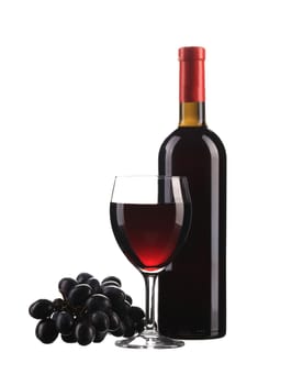 Red wine and grapes. Isolated on a white background.