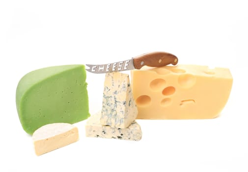 Various cheese types with knife. Isolated on a white background.